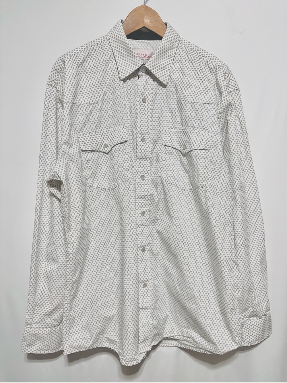 Riley & McCormick Western Pearl Snap Shirt Mens XL White Grey Geometric Rodeo